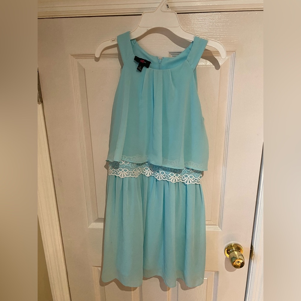 Girls' Aqua Chiffon Lace Waist Party Dress